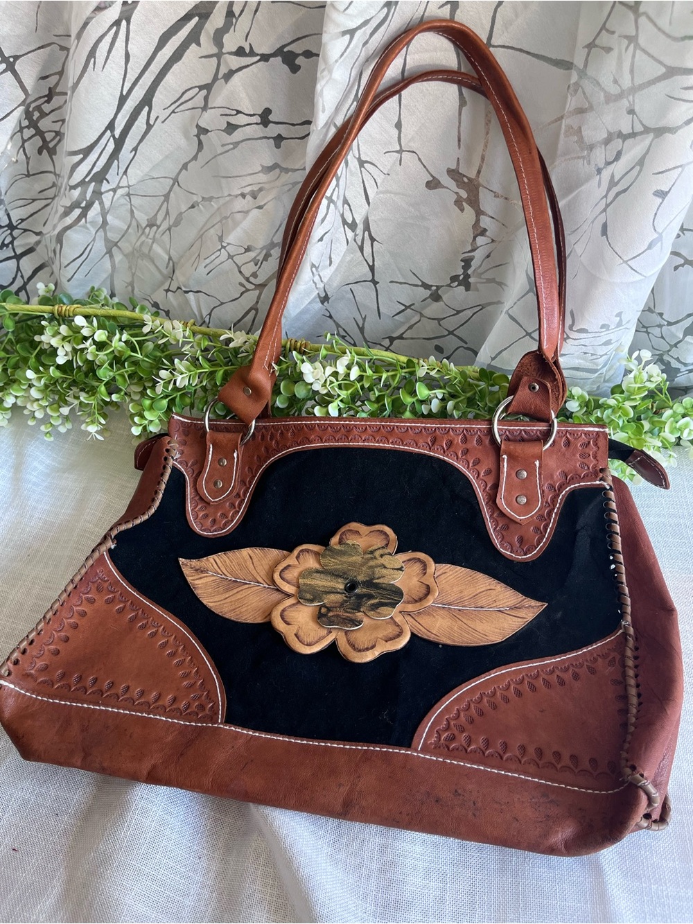 Boho Brown and Black Shoulder Bag with Floral Applique